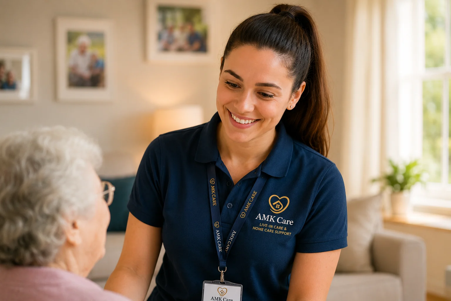 A smiling AMK Care carer in a navy branded uniform speaking warmly with an older person at home