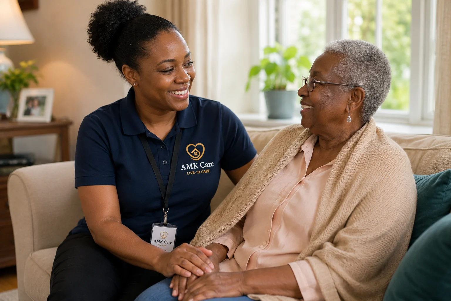 A live in carer sitting with an older person in a calm home setting, showing companionship and reassurance