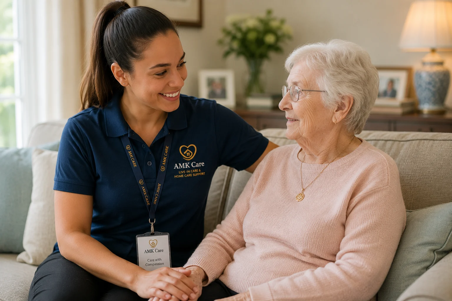 A carer sitting with an older person in a comfortable home setting, showing warm personal support